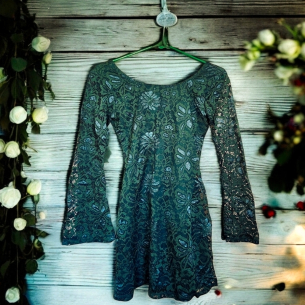 MI AMI Dark Green Lace Dress Mini Bell Sleeve Whimsygoth Fairygoth Forest Sz S - Picture 10 of 10
